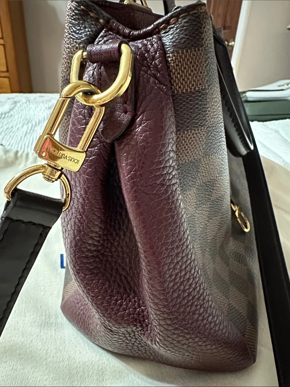 Louis Vuitton Damier Ebene Satchel with Dark Brown and Burgundy Trim